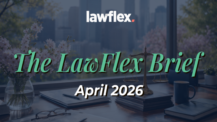 The LawFlex Brief April 2026 LawFlex April 2026 newsletter banner featuring modern legal workspace with city skyline and spring blossoms, representing flexible legal resourcing, legal outsourcing, and ALSP solutions for general counsel and in-house legal teams.